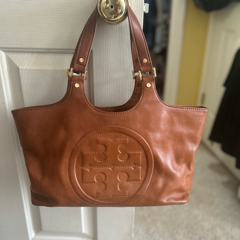 Tory Burch Chestnut Leather Embossed Logo Tote